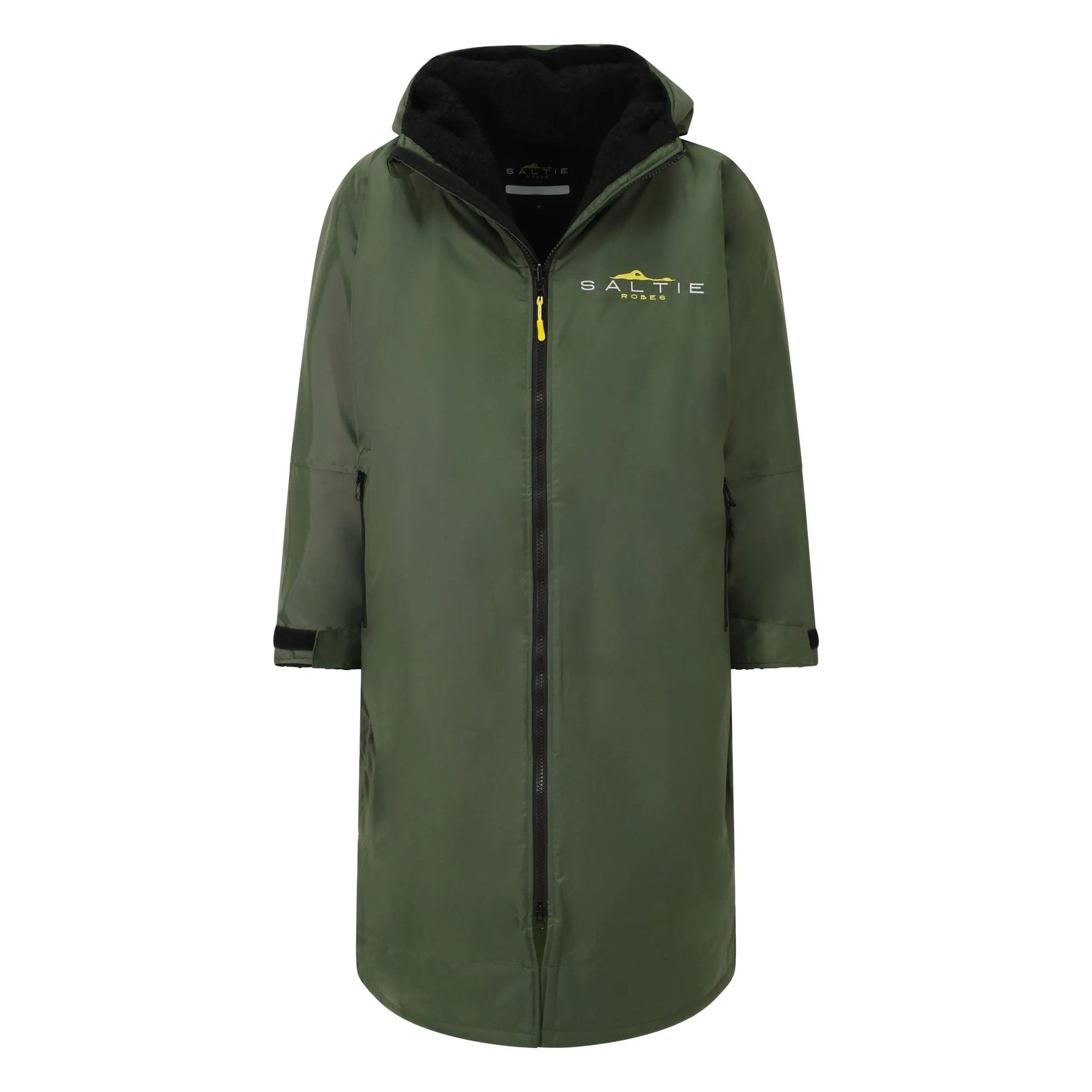 SALTIE Changing Robe in green weather resistant, perfect for changing on the beach and made using 100% recycled materials. The SALTIE changing robe is designed keep you warm and dry during your sea swim, beach walks and all of your outdoor adventures.