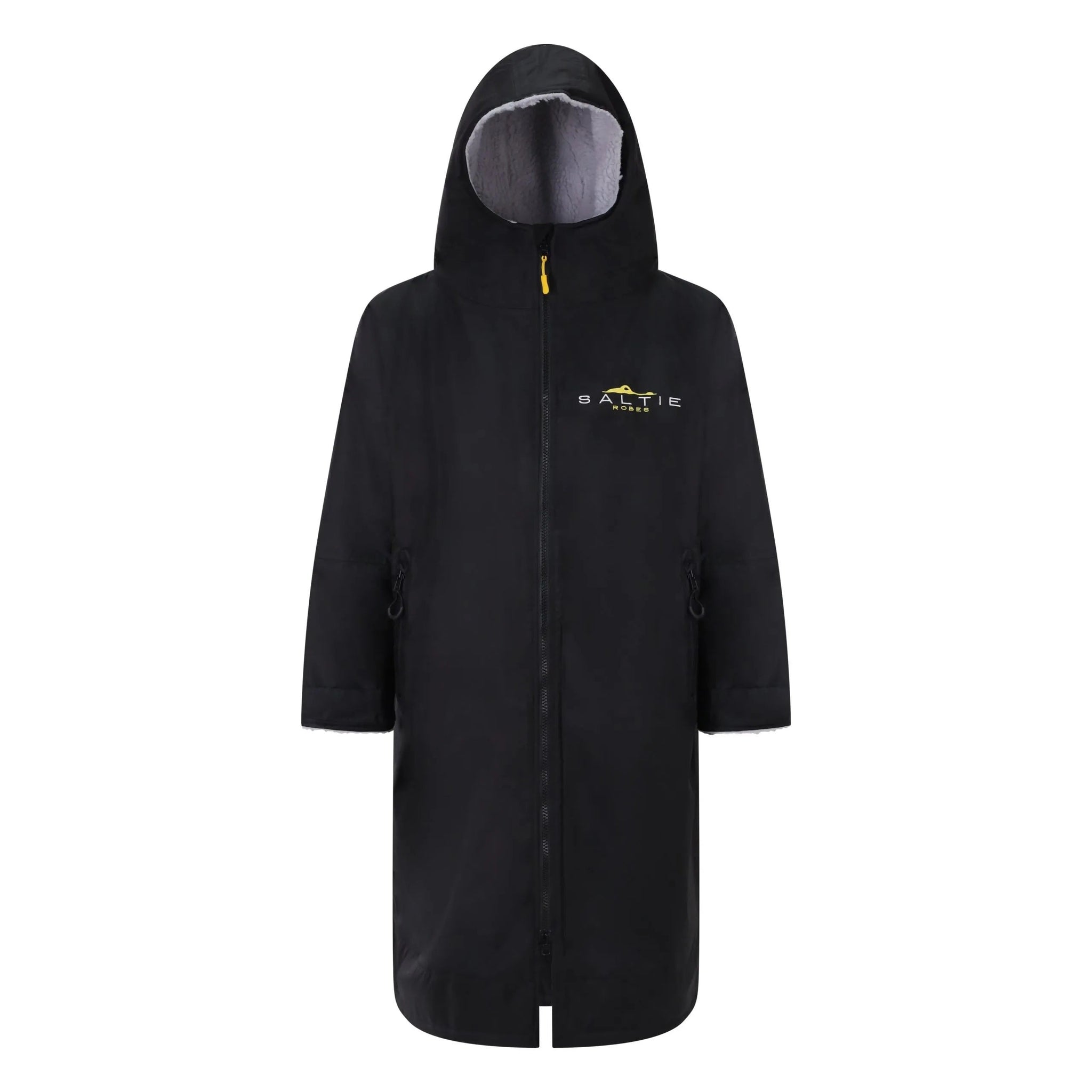 SALTIE Changing Robe in grey, weather resistant, perfect for changing on the beach and made using 100% recycled materials. The SALTIE changing robe is designed keep you warm and dry during your sea swim, beach walks and all of your outdoor adventures.