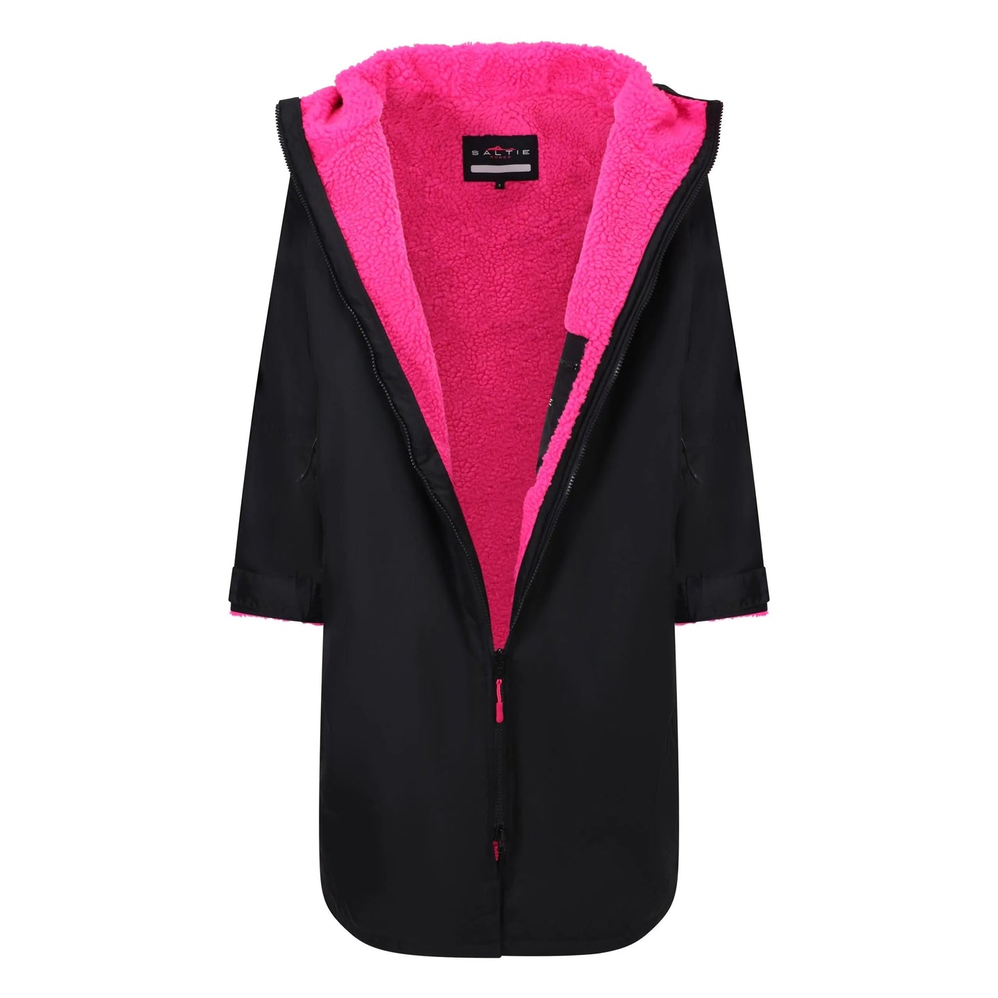 SALTIE Changing Robe in pink, weather resistant, perfect for changing on the beach and made using 100% recycled materials. The SALTIE changing robe is designed keep you warm and dry during your sea swim, beach walks and all of your outdoor adventures.