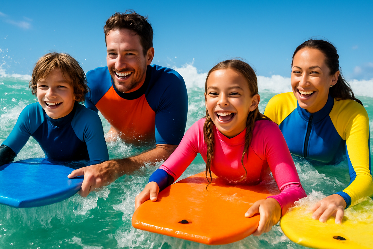 bodyboarding family, with wetsuits in sea, add some colour